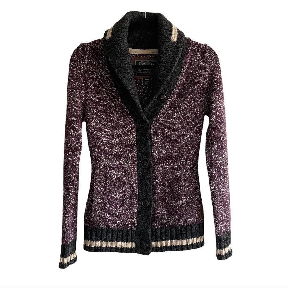 ROOTS Canada Wool Knit Button Front Shawl Collar Cardigan Sweater Purple Cream M